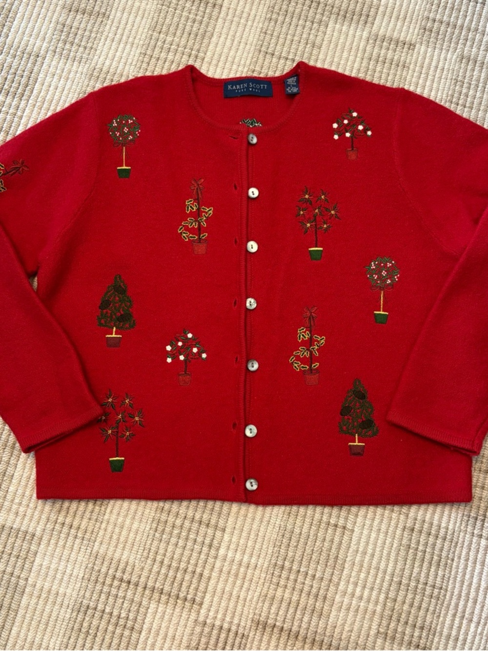 Karen Scott Pure Wool Poinsettia Embroidery Christmas Cardigan